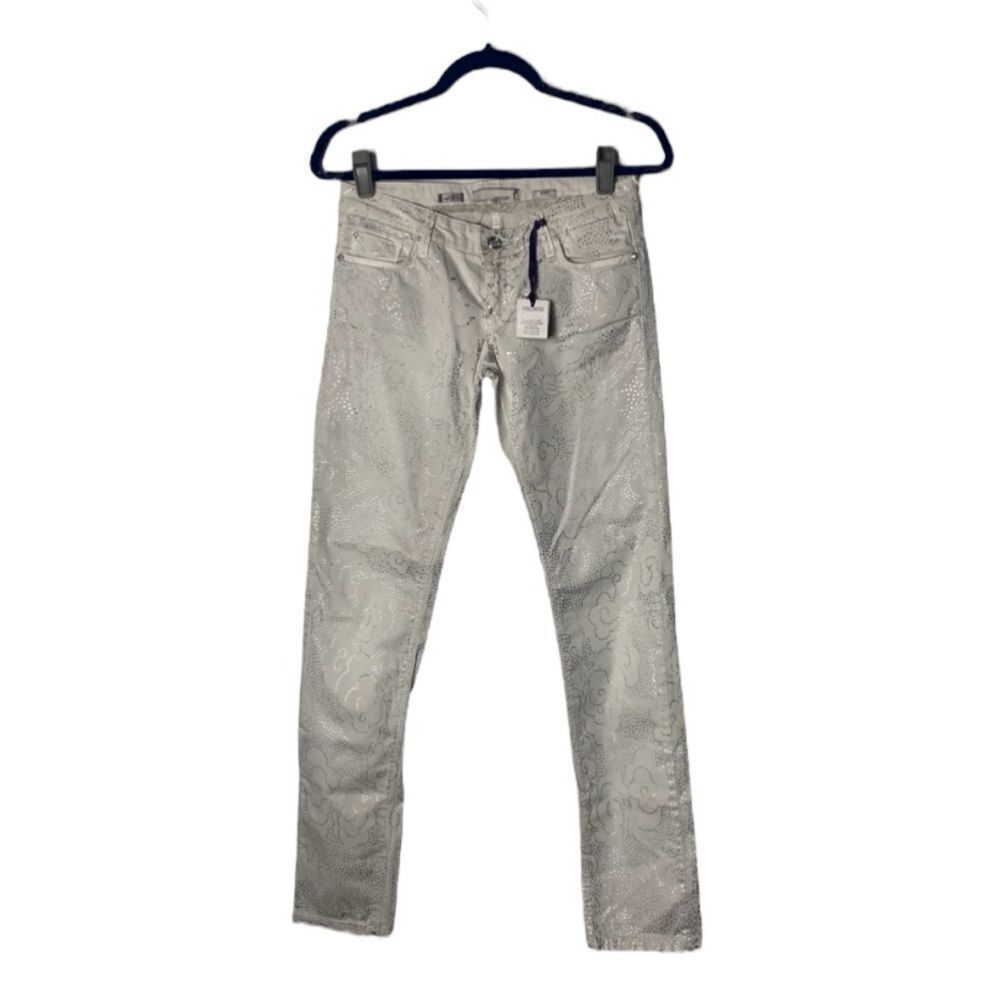Fracomina Greta Skinny Jeans Silver Floral Metallic Print White Denim Size 28 NW